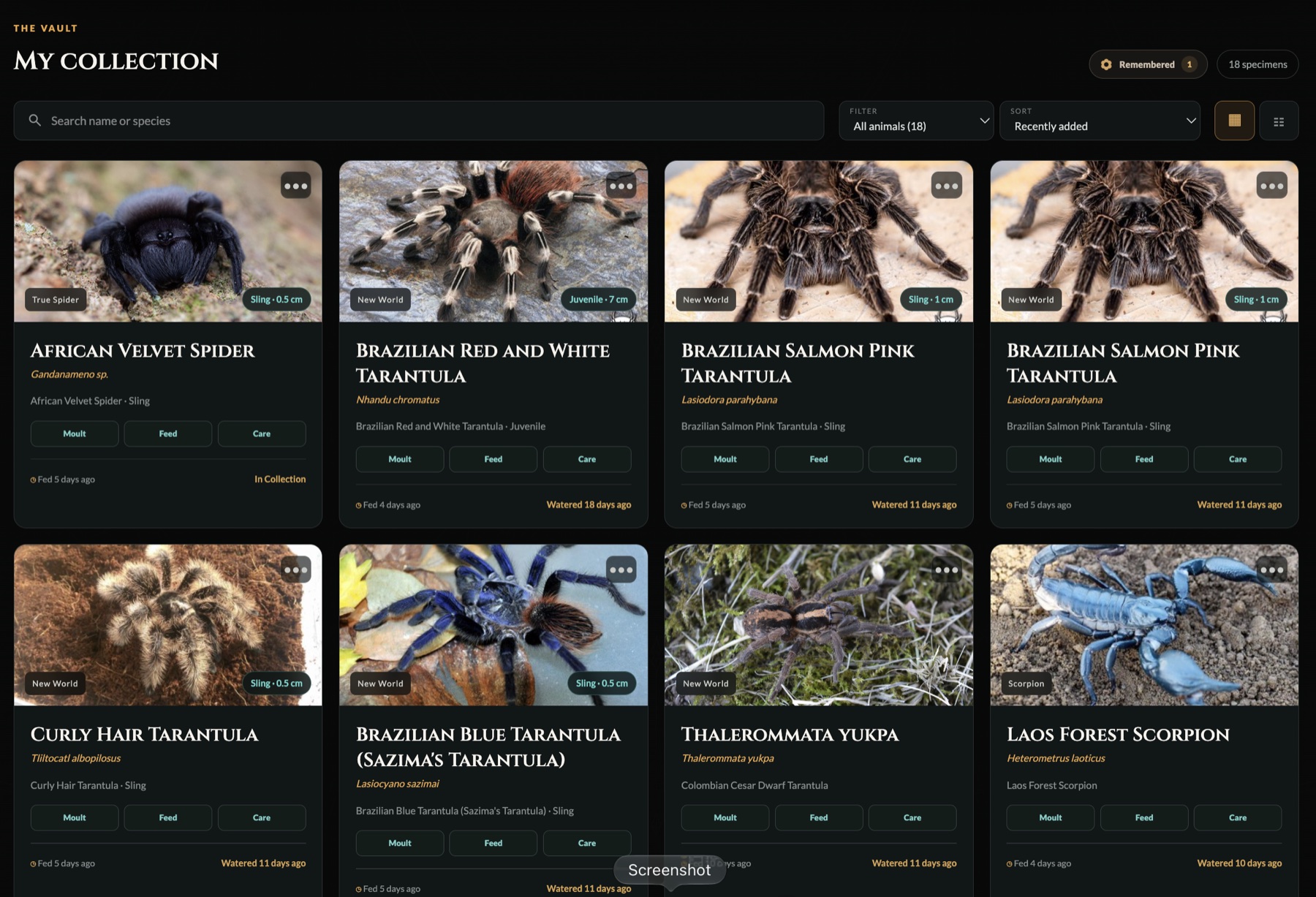 ArachniDex collection tracker showing a populated specimen collection