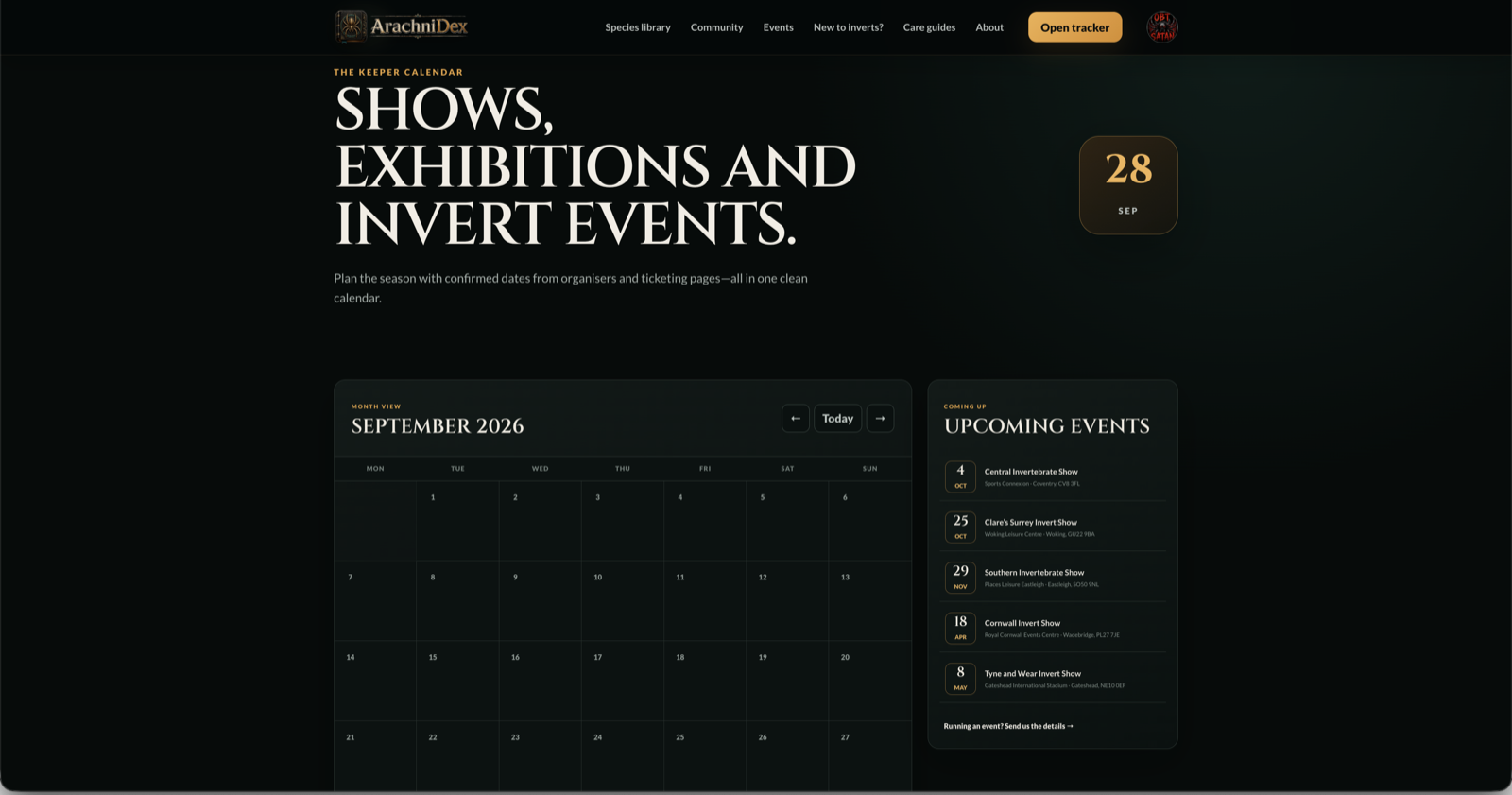 ArachniDex calendar of invertebrate shows, exhibitions and events