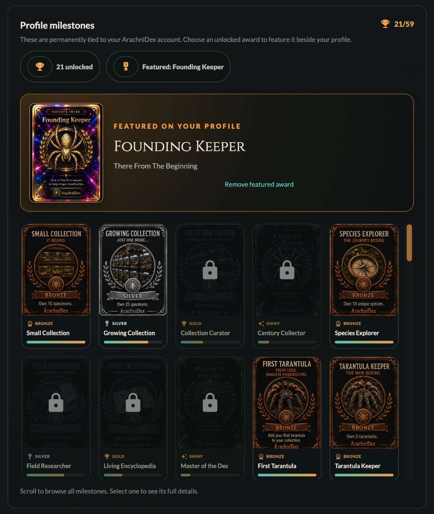 ArachniDex keeper milestones and illustrated profile awards