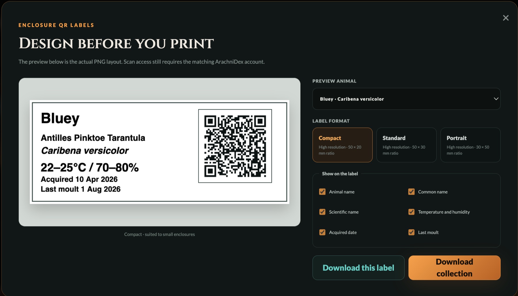 ArachniDex QR enclosure label designer and printable enclosure label