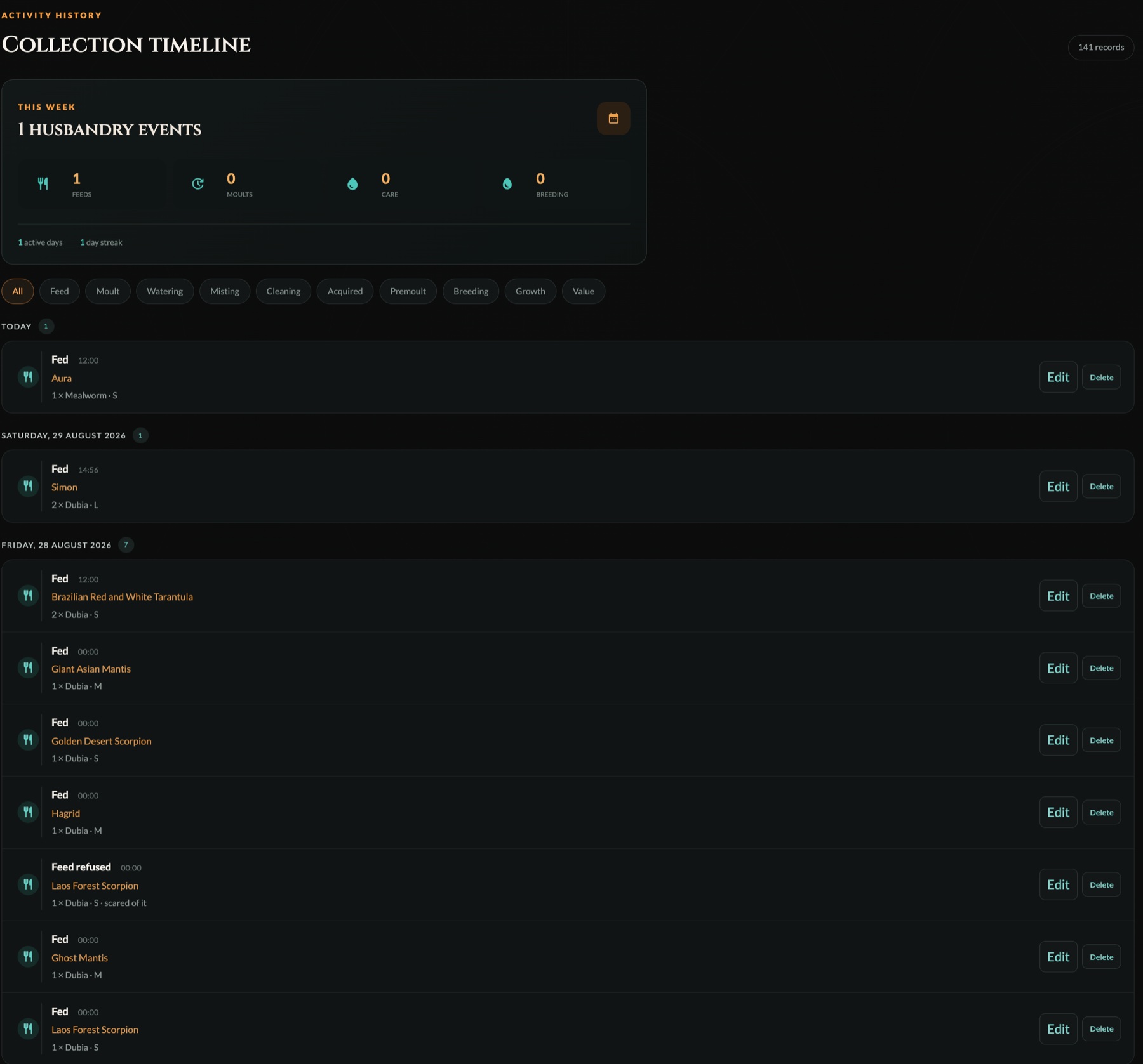 ArachniDex chronological collection timeline and event filters