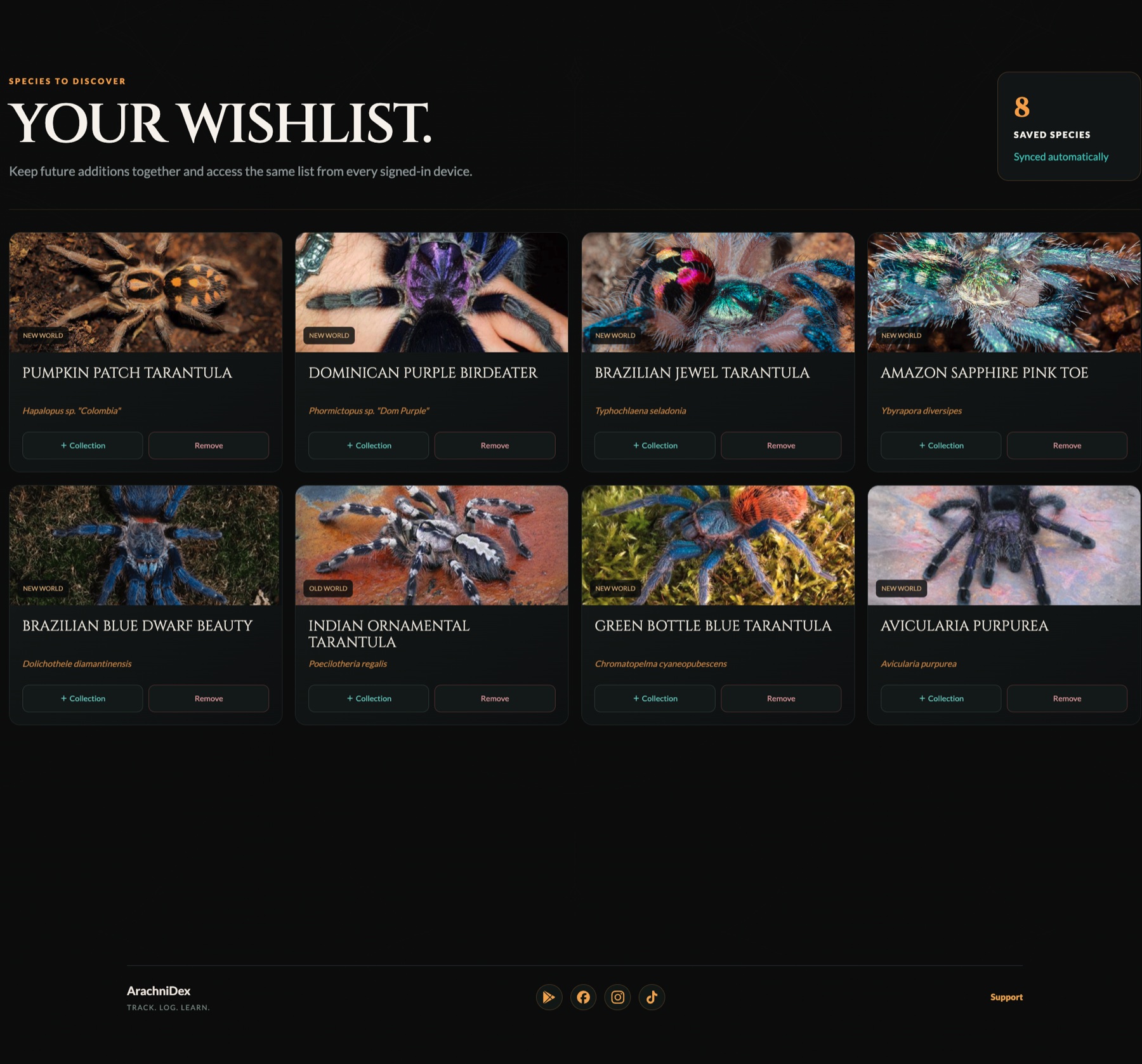 A populated ArachniDex invertebrate wishlist
